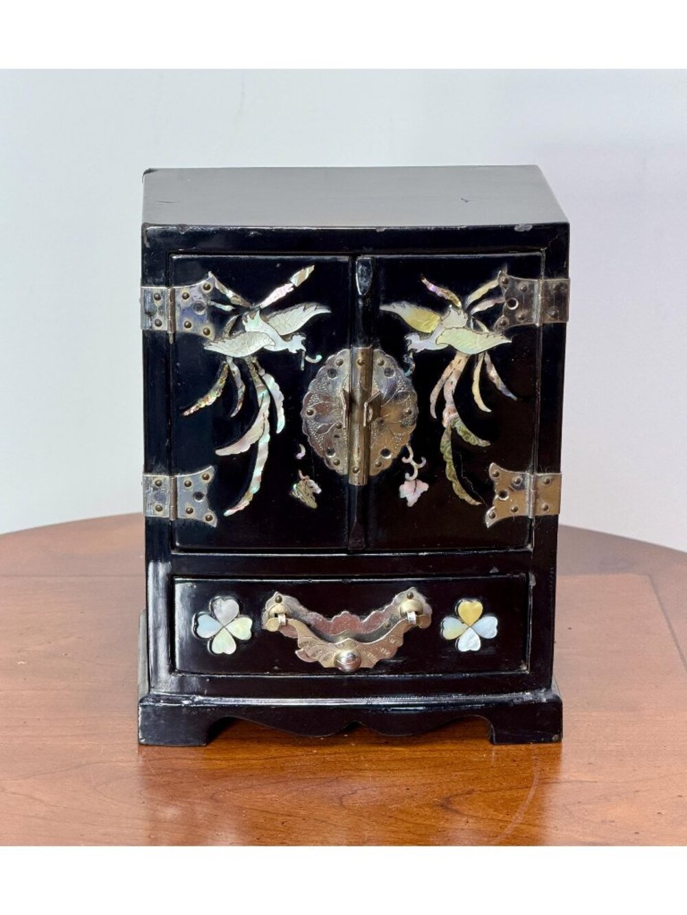 Vintage Asian black lacquer jewelry chest mother-of-pearl inlay red drawers